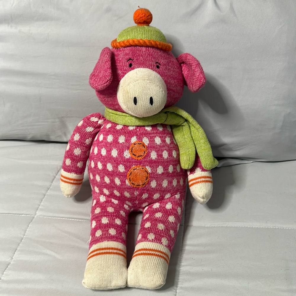 Sock Knit Monkeez & Friends Pearl the Pig Pink Polka Dot Plush Figure Toy 11"